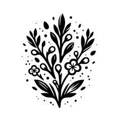 Stylized Black and White Floral Arrangement with Leaves, Flowers, and Geometric Dot Elements on a Clean White Background.
