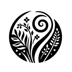 A stylized, circular black and white illustration featuring botanical elements, including leaves, flowers, and a spiral design, evoking a sense of harmony.