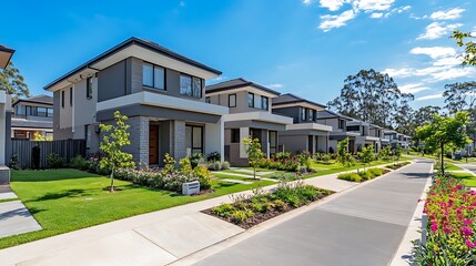 Fototapeta premium Modern Suburban Street with Contemporary Houses, Modern suburban street with row of contemporary houses and well-maintained gardens