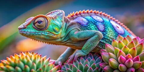 Obraz premium A Vibrant Chameleon Blends With Colorful Succulents, showcasing nature's intricate beauty in a burst of hues and textures