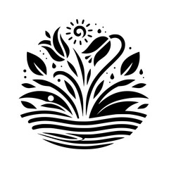 Stylized Black and White Floral Illustration of Rising Plants, Sunlight, and Water Elements in a Circular Design.