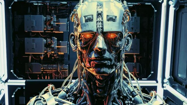 Futuristic cyborg in a dimly lit lab, captured from a low angle. The video showcases intricate robotic details and a sci-fi atmosphere.
