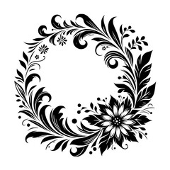 Intricate, black and white floral wreath design, featuring swirling leaves, stylized blooms, and delicate details, creating a symmetric and elegant botanical pattern.