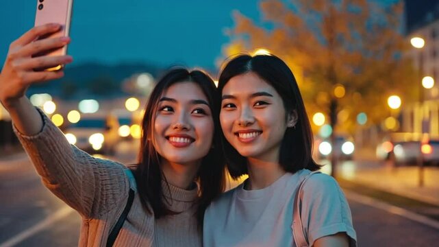 Two young Chinese young women smile while taking a selfie on a city street illuminated by night lights. Concept of friendship, modern lifestyle, and night urban youth culture.