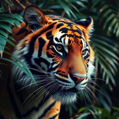 Fototapeta premium Captivating Tiger Portrait in Lush Jungle Setting Wildlife and Conservation