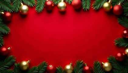 Decorated Christmas border with pine tree and ornaments on red background, Christmas decorations, wooden decor