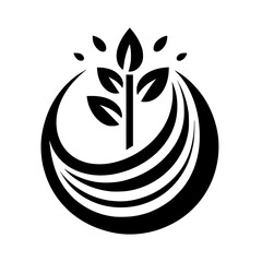 Elegant minimalist black and white logo of a stylized plant with leaves sprouting from the top, surrounded by a curved, flowing element.