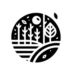Fototapeta premium A minimalist monochrome illustration of a serene landscape, featuring trees, foliage, fields, and a sun within a circular frame, evoking nature's tranquility.