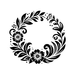 Elegant Black and White Floral Wreath: A symmetrical arrangement of leaves, flowers, and swirls forming a classic circular design.