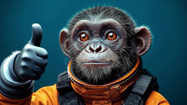 A realistic space chimpanzee in a bright orange suit confidently signals approval in a futuristic setting. Concept of courage, curiosity, and the spirit of adventure in space travel.