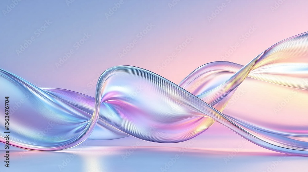 Poster 3d rendered abstract pastel background with wavy flowing holographic shapes in soft blue, pink, and 