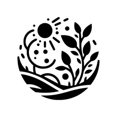 A stylized black and white circular illustration of nature: a sun, leaves, and a landscape within a circle, representing growth and harmony.
