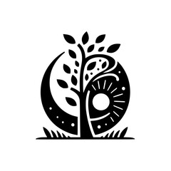 Intricate Black and White Illustration: A Tree Rooted in Nature's Balance of Day and Night, Symbolic of Growth and Harmony.