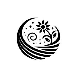 A stylized, black and white circular illustration showcasing a sunflower, leaves, spiral, stars, and layered lines, creating an artistic, minimalistic design.