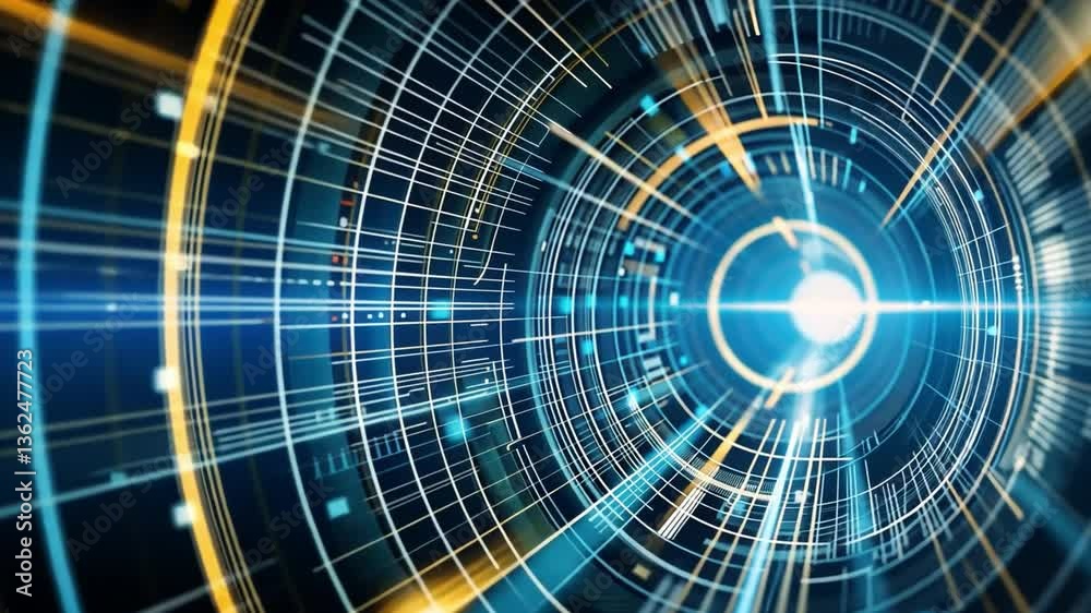 Poster abstract digital background with concentric circles and lines in blue and gold, creating futuristic 
