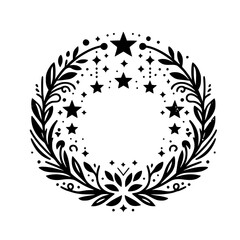 A Circular Black and White Botanical Illustration with Star Motifs, creating a Wreath-like design with celestial and floral elements.