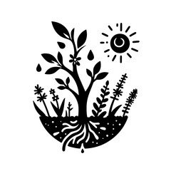 A stylized black and white illustration depicts a thriving ecosystem, a sun shining over a tree, flowers, and roots within a circular border.