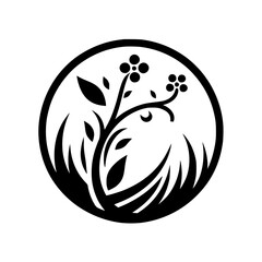 A minimalist black and white floral emblem featuring a stylized plant with rounded leaves, circular design, and a simple, clean aesthetic.