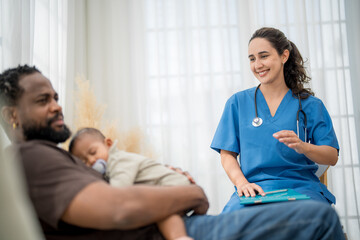 Fototapeta premium Pediatric consultation with a healthcare professional and a parent in a calm clinic setting fostering trust and care