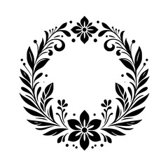 Elegant Black and White Floral Wreath Design with Leaves, Flowers, and Decorative Elements.
