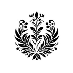 Symmetrical Black Floral Design on White: A Detailed Rendering of Leaves, Berries, and Elegant Symmetry, Evoking a Sense of Classic Beauty.