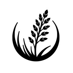 Minimalist Black and White Icon: An elegant illustration of a plant, leaves and grass within a circular embrace, suggestive of growth and nature.