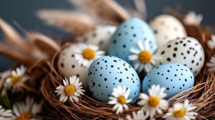 Obraz premium Colorful decorative eggs nestled in a natural nest surrounded by fresh daisies on a rustic background