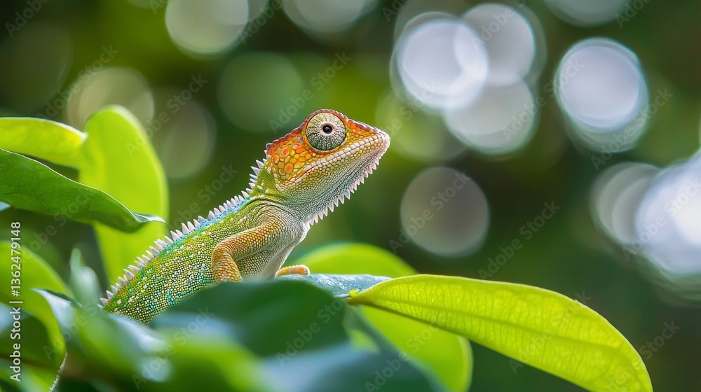 Poster a vibrant chameleon rests among lush green leaves, showcasing its stunning colors while basking in t