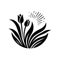 Elegant monochrome botanical illustration of tulips with stylized sun rays against a white background, evoking simplicity.