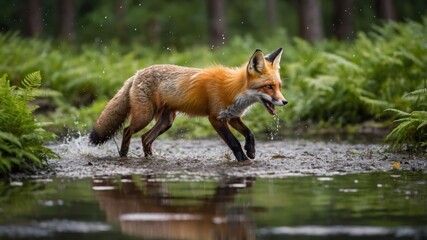 Fototapeta premium A red fox wades through shallow water in a lush green forest setting.