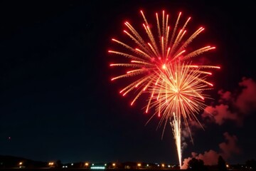 Firework explosion on black night sky with golden yellow and red lights, night sky, bokeh