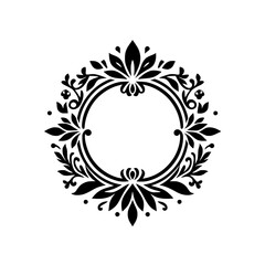 An elegant, symmetrical, black and white circular floral frame, featuring detailed leaf and flower designs, perfect for a sophisticated aesthetic.