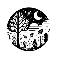 A stylized black and white circular landscape with a tree, leaves, a crescent moon, and starry sky, invoking peace.