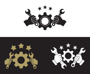 Creative mechanic Logo with hand and Wrench Gear and Stars