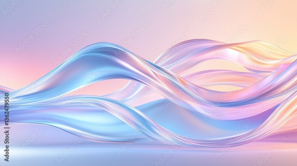 Poster 3d rendered abstract pastel background with wavy flowing holographic shapes in soft blue, pink, and 