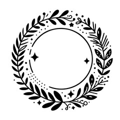 Elegant Black and White Circular Laurel Wreath Design, Featuring Leafy Sprigs, Stars, and Dot Accents on a White Background