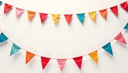 Vibrant carnival garland with colorful pennants and flags against a white background, party, festival