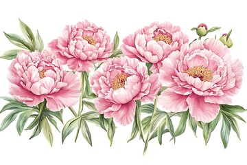 Detailed Watercolor Pink Peony Illustration with Intricate Petals & Lush Green Stems