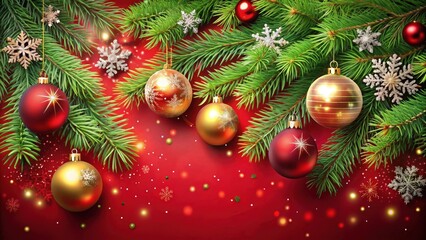 A festive Christmas design with green pine branches, red and gold ornaments, and sparkling snowflakes on a red background.