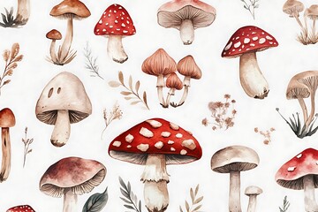 Detailed Watercolor Mushroom Illustration with Diverse Fungi on White Background
