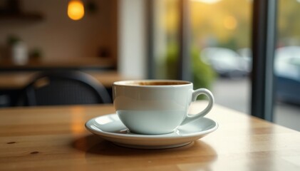 Warm cup of coffee sits alone on a clean table, cup, morning
