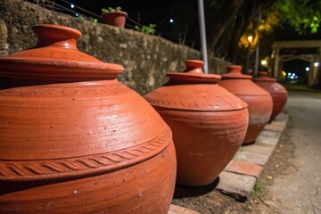 Obraz premium Night falls on rustic, handmade red clay pots. Organic textures revealed in low light.