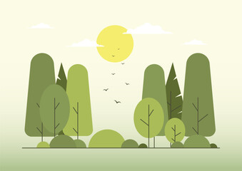 Spring Forest landscape with green foliage. Summer parkland landscape. Abstract rural country environment