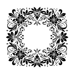 Obraz premium Elegant Black Floral Frame on White: Symmetrical Composition of Detailed Flowers, Leaves, and Decorative Elements, Ideal for Embellishment.