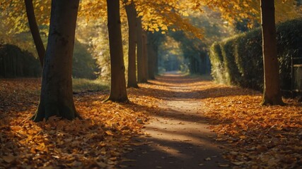 A serene autumn pathway lined with trees and fallen leaves, inviting a peaceful stroll.