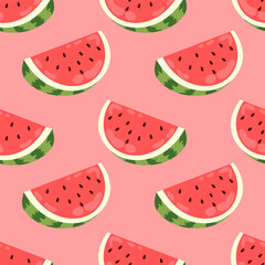 Seamless pattern half ripe watermelon on red background. Perfect for summer themed designs and textiles.  