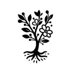 A minimalist silhouette of a flowering tree with roots, rendered in black and white, symbolizing growth and nature's beauty against a blank backdrop.