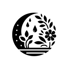 A minimalist black and white circular emblem depicting flora within a crescent moon, symbolizing growth and nurturing, with rain droplets and stylized plant life.