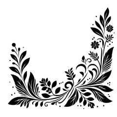 Elegant Black Floral Corner Design on White Background: A Detailed, Stylized Illustration with Leaves, Swirls, and Blossoms.