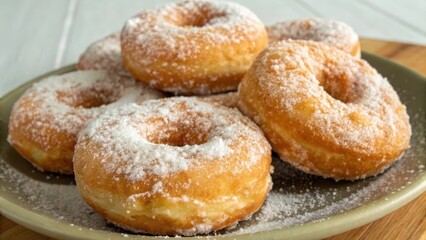 Delicious powdered donuts on a green plate, perfect for a sweet treat.